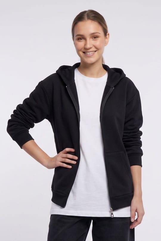 Kadın Oversize Geniş Kesim %100 Pamuk Kapüşonlu Fermuarlı Cepli Siyah Sweatshirt
