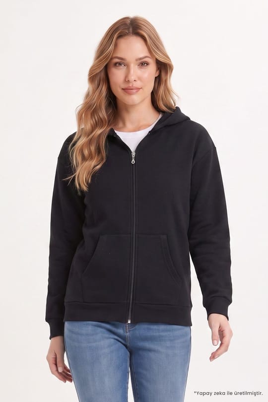 Kadın Oversize Geniş Kesim %100 Pamuk Kapüşonlu Fermuarlı Cepli Siyah Sweatshirt