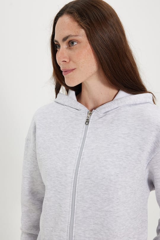 Kadın Oversize Geniş Kesim %100 Pamuk Kapüşonlu Fermuarlı Cepli Gri Sweatshirt