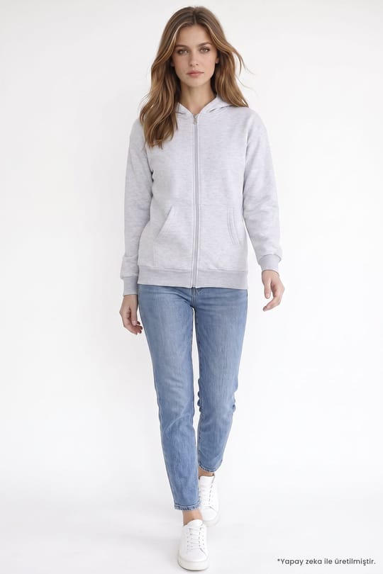 Kadın Oversize Geniş Kesim %100 Pamuk Kapüşonlu Fermuarlı Cepli Gri Sweatshirt