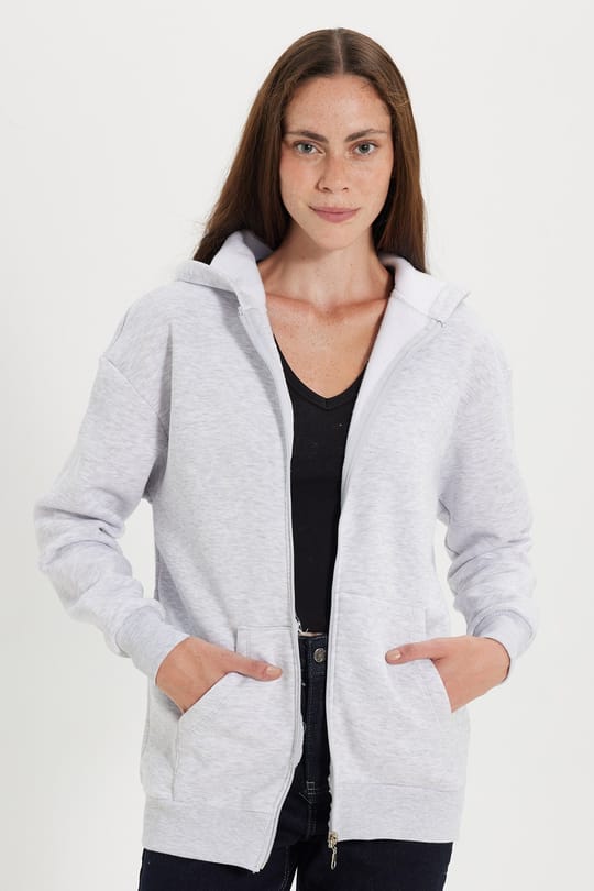 Kadın Oversize Geniş Kesim %100 Pamuk Kapüşonlu Fermuarlı Cepli Gri Sweatshirt