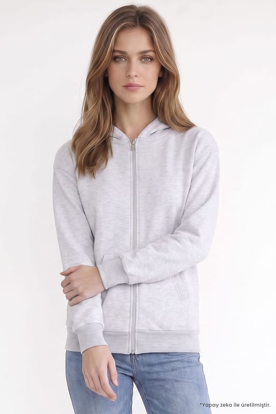Kadın Oversize Geniş Kesim %100 Pamuk Kapüşonlu Fermuarlı Cepli Gri Sweatshirt
