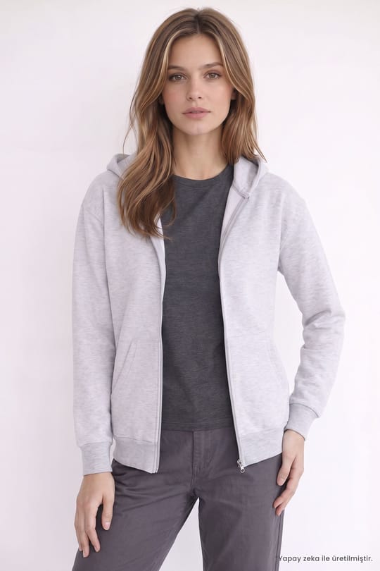 Kadın Oversize Geniş Kesim %100 Pamuk Kapüşonlu Fermuarlı Cepli Gri Sweatshirt