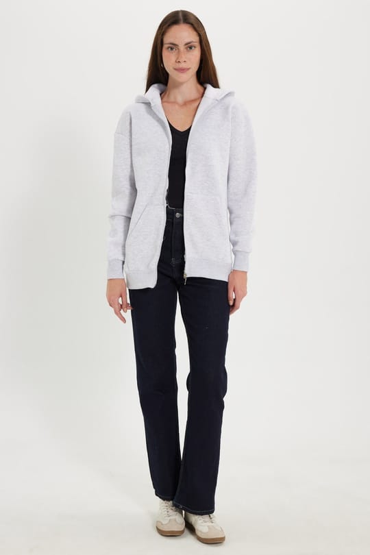Kadın Oversize Geniş Kesim %100 Pamuk Kapüşonlu Fermuarlı Cepli Gri Sweatshirt