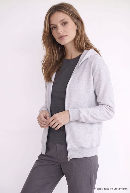 Kadın Oversize Geniş Kesim %100 Pamuk Kapüşonlu Fermuarlı Cepli Gri Sweatshirt