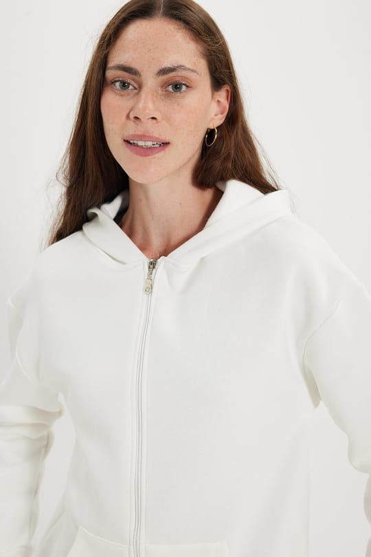Kadın Oversize Geniş Kesim %100 Pamuk Kapüşonlu Fermuarlı Cepli Ekru Sweatshirt