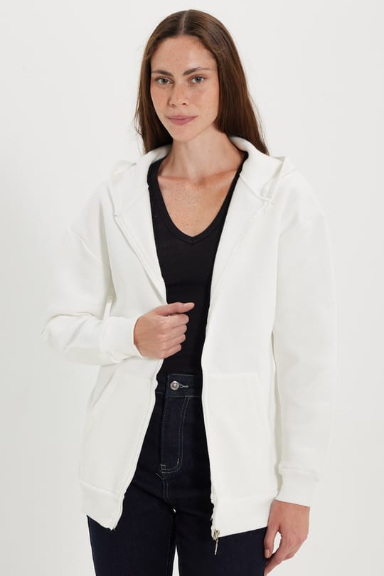 Kadın Oversize Geniş Kesim %100 Pamuk Kapüşonlu Fermuarlı Cepli Ekru Sweatshirt