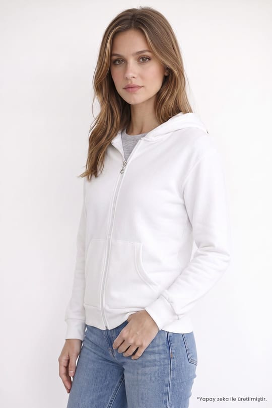 Kadın Oversize Geniş Kesim %100 Pamuk Kapüşonlu Fermuarlı Cepli Ekru Sweatshirt