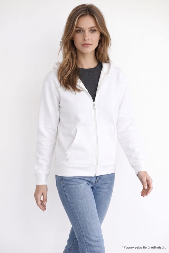 Kadın Oversize Geniş Kesim %100 Pamuk Kapüşonlu Fermuarlı Cepli Ekru Sweatshirt