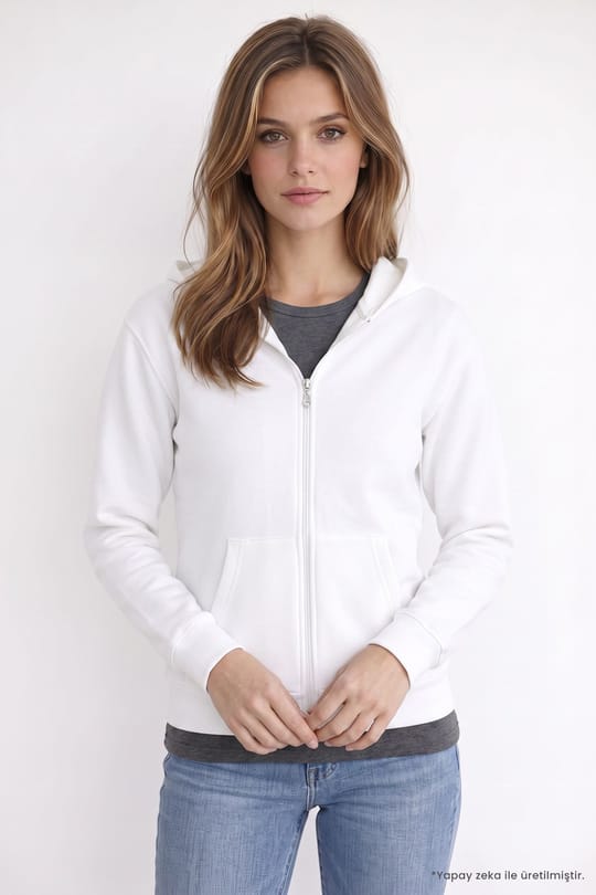Kadın Oversize Geniş Kesim %100 Pamuk Kapüşonlu Fermuarlı Cepli Ekru Sweatshirt