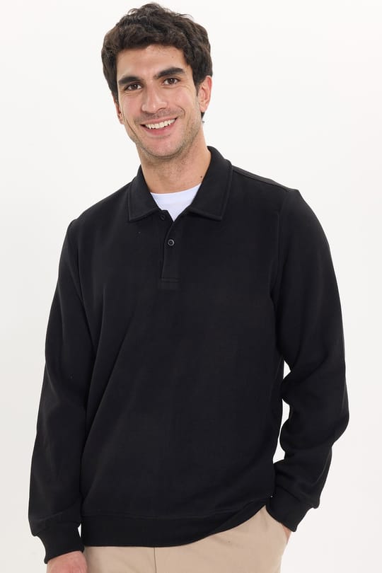 Erkek Regular Fit Klasik Kesim Uzun Kollu Selanik Kumaş Siyah Polo Yaka Sweatshirt