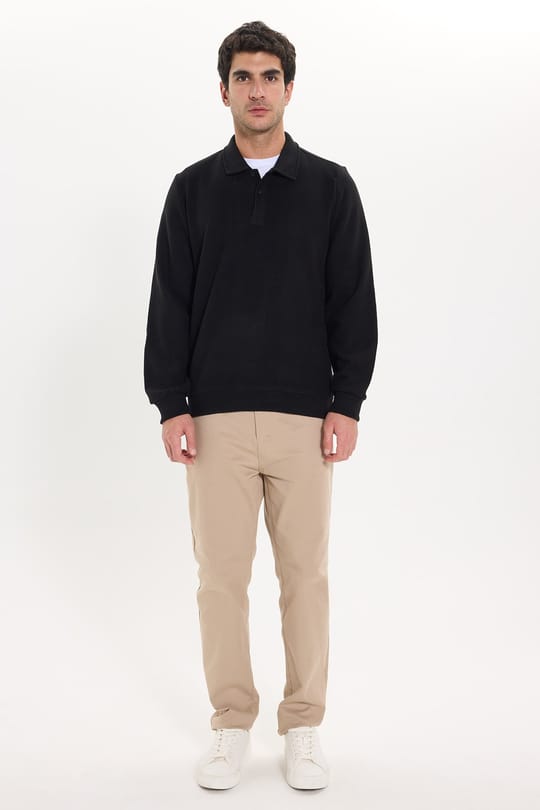 Erkek Regular Fit Klasik Kesim Uzun Kollu Selanik Kumaş Siyah Polo Yaka Sweatshirt