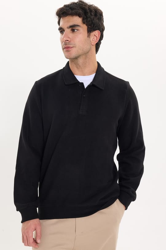 Erkek Regular Fit Klasik Kesim Uzun Kollu Selanik Kumaş Siyah Polo Yaka Sweatshirt