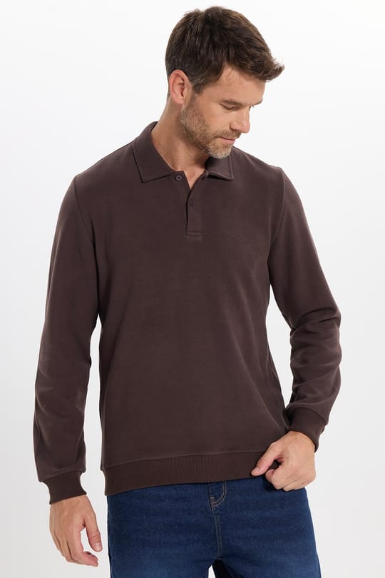 Erkek Regular Fit Klasik Kesim Uzun Kollu Kahverengi Polo Yaka Sweatshirt