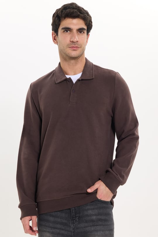 Erkek Regular Fit Klasik Kesim Uzun Kollu Selanik Kumaş Kahverengi Polo Yaka Sweatshirt