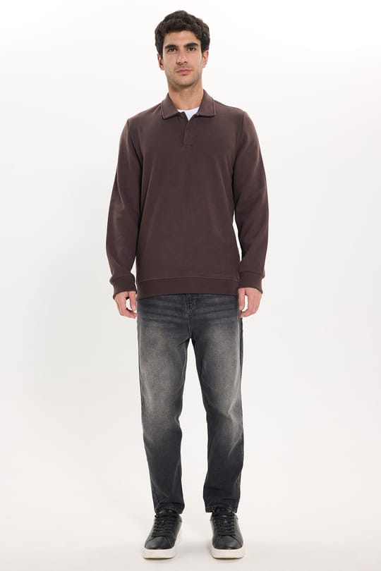 Erkek Regular Fit Klasik Kesim Uzun Kollu Selanik Kumaş Kahverengi Polo Yaka Sweatshirt