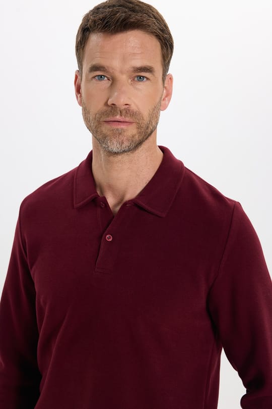 Erkek Regular Fit Klasik Kesim Uzun Kollu Bordo Polo Yaka Sweatshirt
