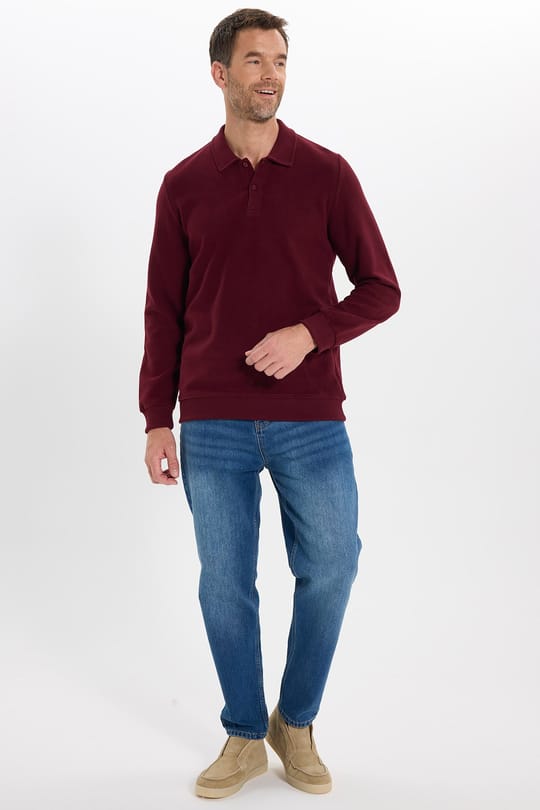 Erkek Regular Fit Klasik Kesim Uzun Kollu Bordo Polo Yaka Sweatshirt