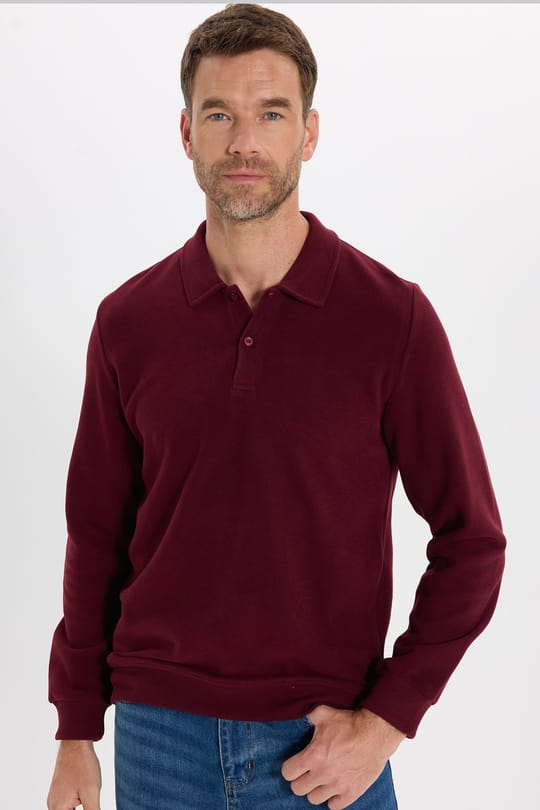 Erkek Regular Fit Klasik Kesim Uzun Kollu Bordo Polo Yaka Sweatshirt