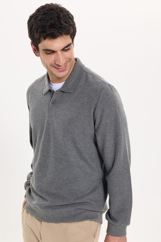 Erkek Regular Fit Klasik Kesim Uzun Kollu Selanik Kumaş Antrasit Polo Yaka Sweatshirt
