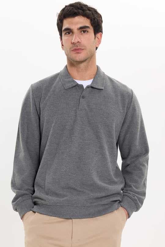 Erkek Regular Fit Klasik Kesim Uzun Kollu Selanik Kumaş Antrasit Polo Yaka Sweatshirt