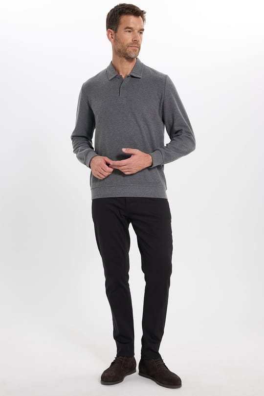 Erkek Regular Fit Klasik Kesim Uzun Kollu Selanik Kumaş Antrasit Polo Yaka Sweatshirt