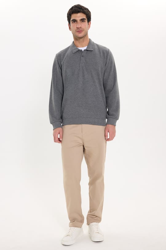 Erkek Regular Fit Klasik Kesim Uzun Kollu Selanik Kumaş Antrasit Polo Yaka Sweatshirt