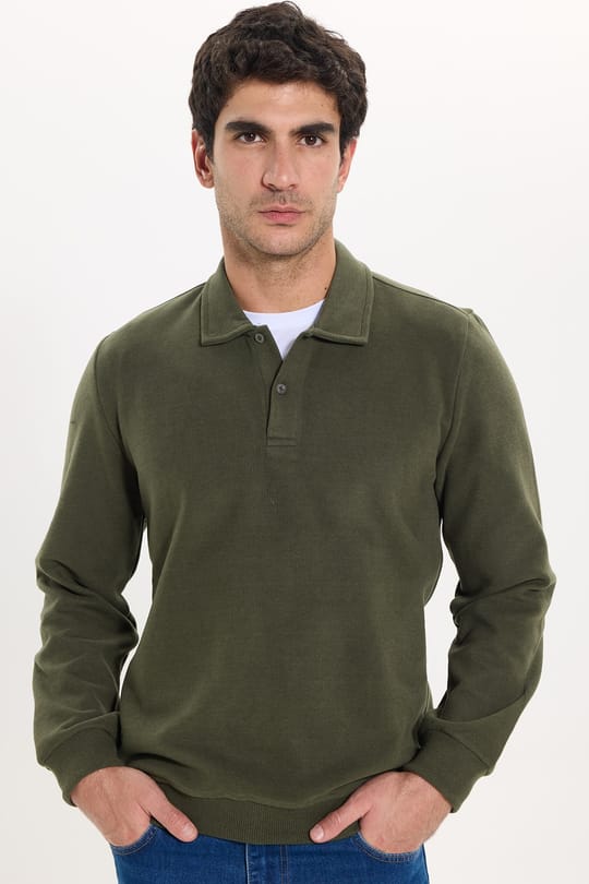 Erkek Regular Fit Klasik Kesim Uzun Kollu Selanik Kumaş Haki Polo Yaka Sweatshirt