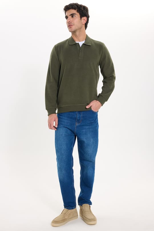 Erkek Regular Fit Klasik Kesim Uzun Kollu Selanik Kumaş Haki Polo Yaka Sweatshirt