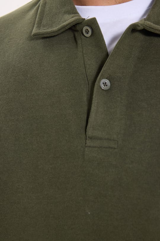 Erkek Regular Fit Klasik Kesim Uzun Kollu Selanik Kumaş Haki Polo Yaka Sweatshirt