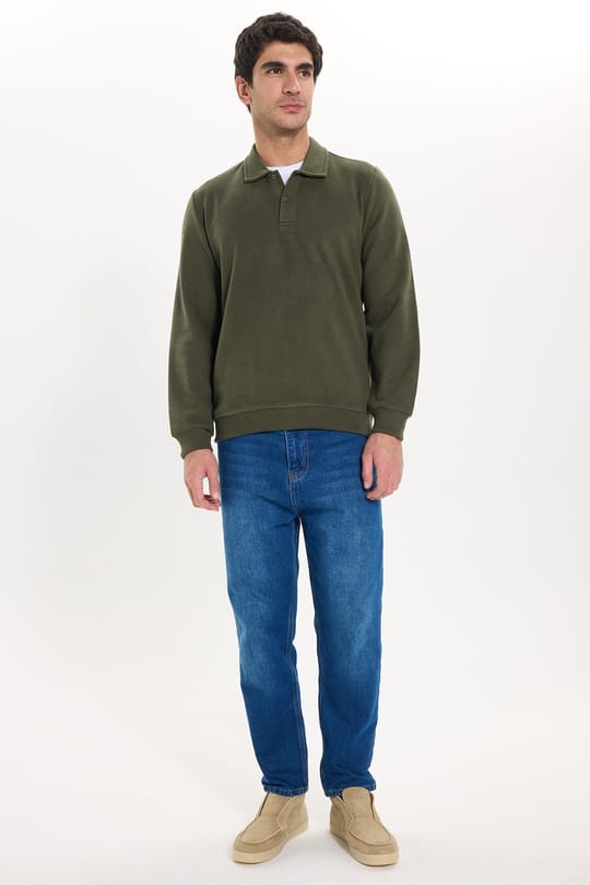 Erkek Regular Fit Klasik Kesim Uzun Kollu Selanik Kumaş Haki Polo Yaka Sweatshirt
