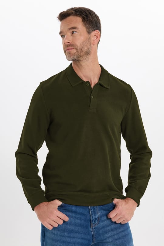 Erkek Regular Fit Klasik Kesim Uzun Kollu Selanik Kumaş Haki Polo Yaka Sweatshirt
