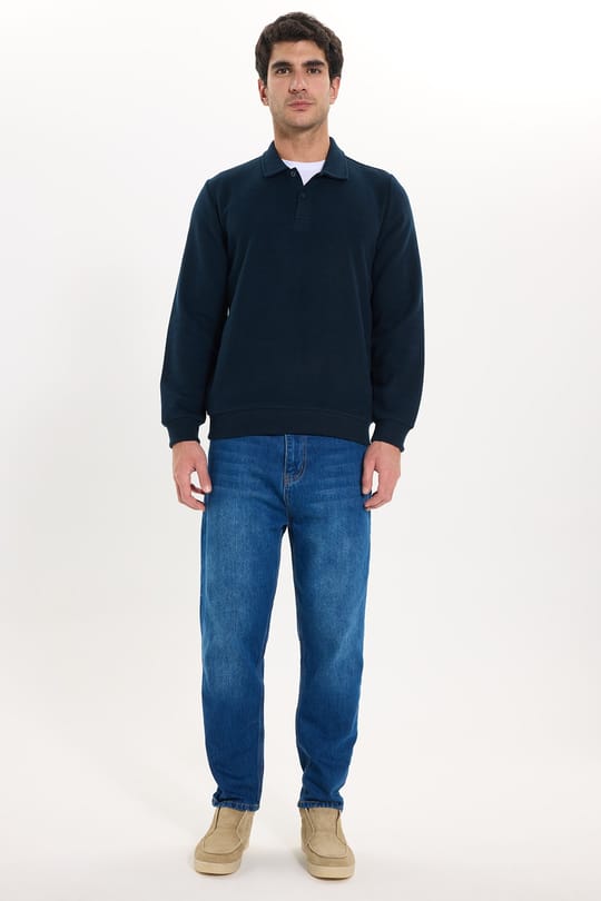 Erkek Regular Fit Klasik Kesim Uzun Kollu Selanik Kumaş Lacivert Polo Yaka Sweatshirt