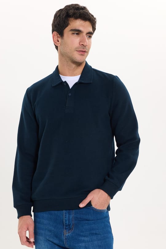 Erkek Regular Fit Klasik Kesim Uzun Kollu Selanik Kumaş Lacivert Polo Yaka Sweatshirt