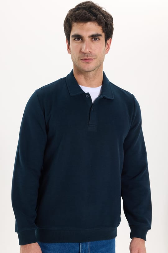 Erkek Regular Fit Klasik Kesim Uzun Kollu Selanik Kumaş Lacivert Polo Yaka Sweatshirt