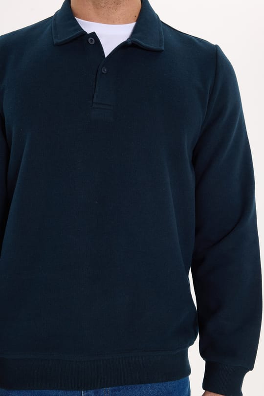 Erkek Regular Fit Klasik Kesim Uzun Kollu Selanik Kumaş Lacivert Polo Yaka Sweatshirt