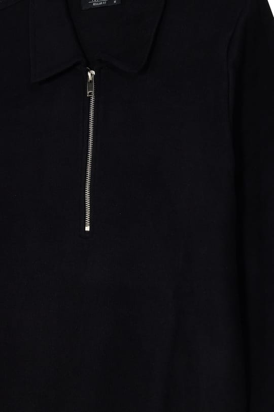 Erkek Regular Fit Klasik Kesim Fermuarlı Selanik Kumaş Siyah Polo Yaka Sweatshirt