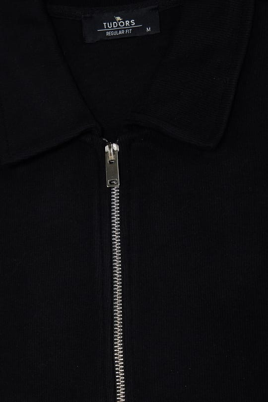 Erkek Regular Fit Klasik Kesim Fermuarlı Selanik Kumaş Siyah Polo Yaka Sweatshirt