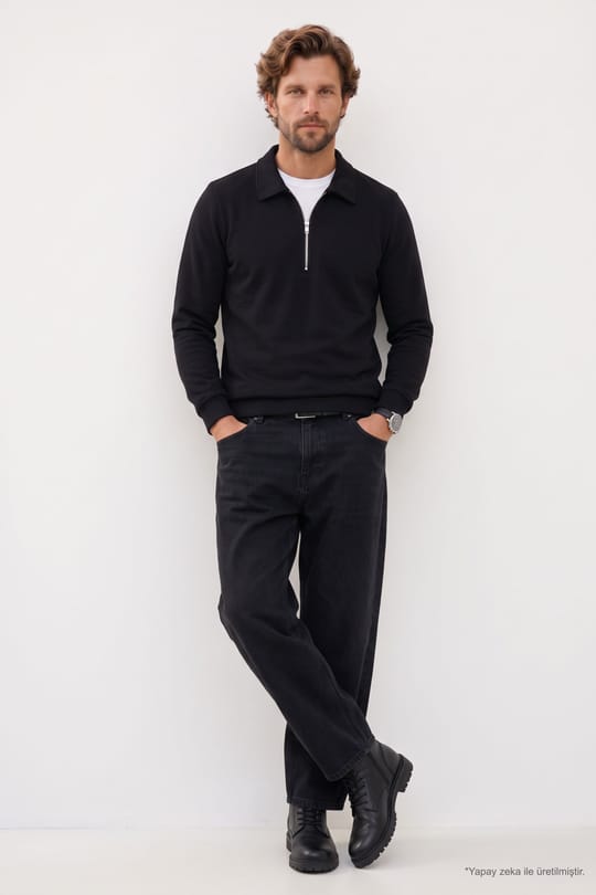 Erkek Regular Fit Klasik Kesim Fermuarlı Selanik Kumaş Siyah Polo Yaka Sweatshirt