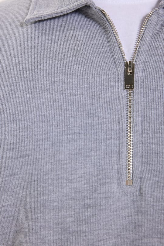 Erkek Regular Fit Klasik Kesim Fermuarlı Selanik Kumaş Gri Polo Yaka Sweatshirt
