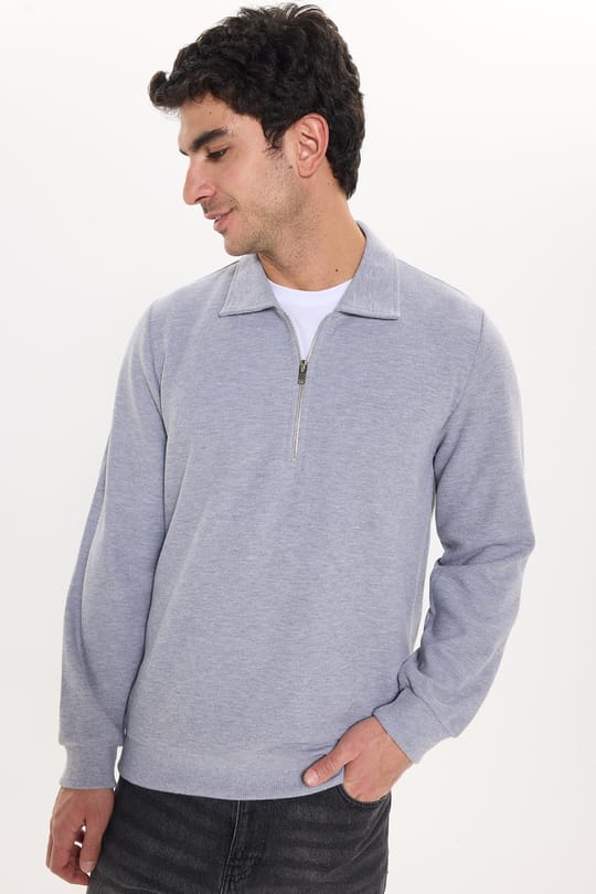 Erkek Regular Fit Klasik Kesim Fermuarlı Selanik Kumaş Gri Polo Yaka Sweatshirt