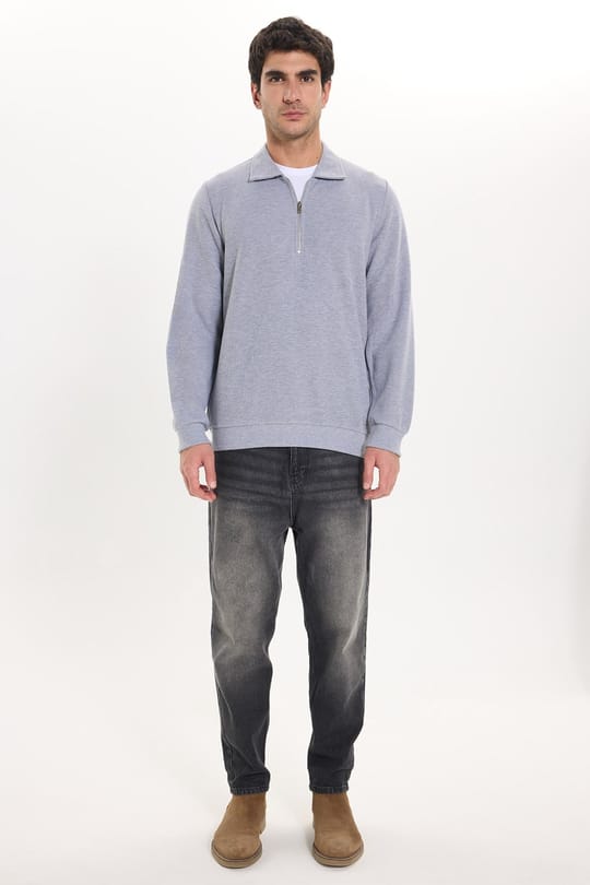 Erkek Regular Fit Klasik Kesim Fermuarlı Selanik Kumaş Gri Polo Yaka Sweatshirt