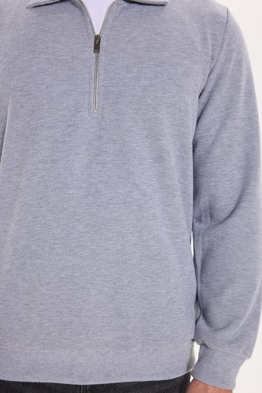 Erkek Regular Fit Klasik Kesim Fermuarlı Selanik Kumaş Gri Polo Yaka Sweatshirt