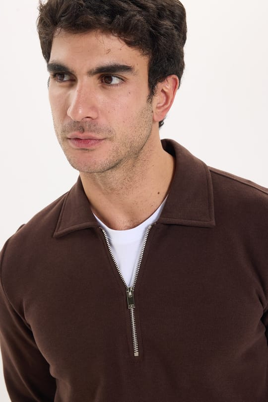 Erkek Regular Fit Klasik Kesim Fermuarlı Selanik Kumaş Kahverengi Polo Yaka Sweatshirt