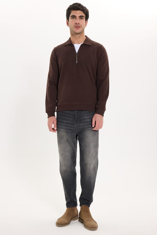 Erkek Regular Fit Klasik Kesim Fermuarlı Selanik Kumaş Kahverengi Polo Yaka Sweatshirt