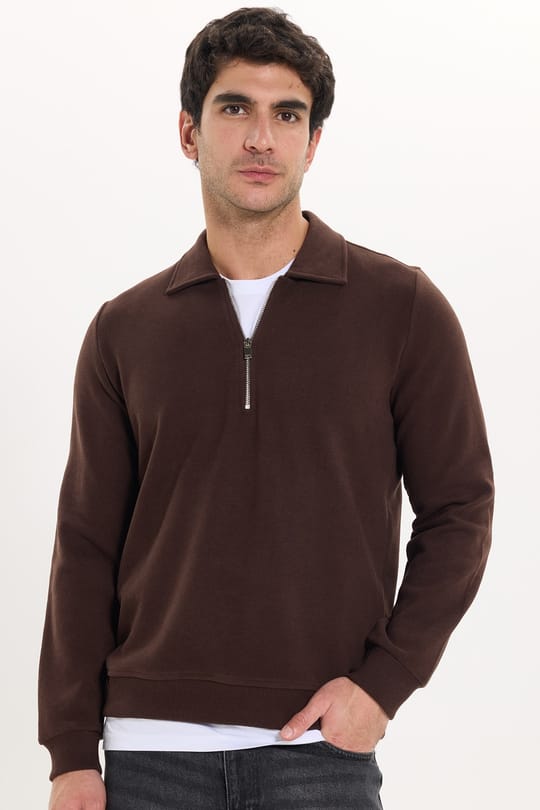 Erkek Regular Fit Klasik Kesim Fermuarlı Selanik Kumaş Kahverengi Polo Yaka Sweatshirt