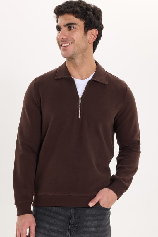 Erkek Regular Fit Klasik Kesim Fermuarlı Selanik Kumaş Kahverengi Polo Yaka Sweatshirt