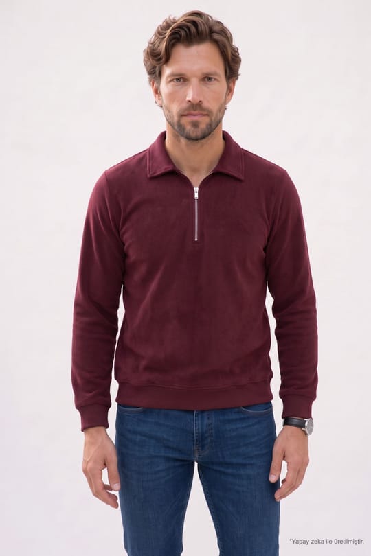 Erkek Regular Fit Klasik Kesim Fermuarlı Selanik Kumaş Bordo Polo Yaka Sweatshirt