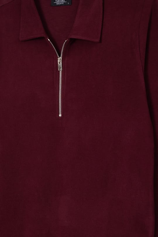 Erkek Regular Fit Klasik Kesim Fermuarlı Selanik Kumaş Bordo Polo Yaka Sweatshirt