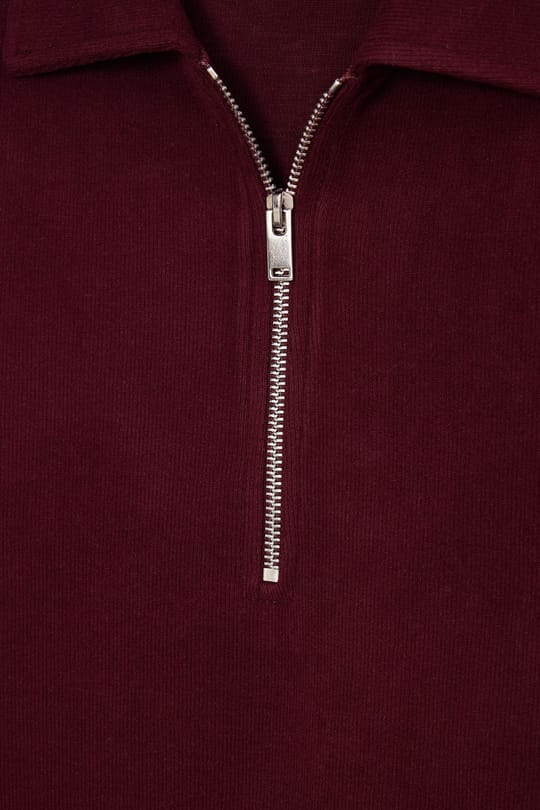 Erkek Regular Fit Klasik Kesim Fermuarlı Selanik Kumaş Bordo Polo Yaka Sweatshirt